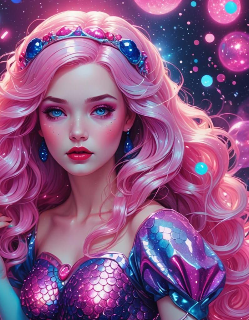 Snow White Space Mermaid in Synthwave Neon Style