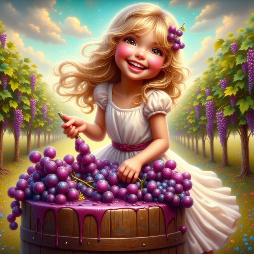 Girl Stomping Grapes in Fantasy Landscape