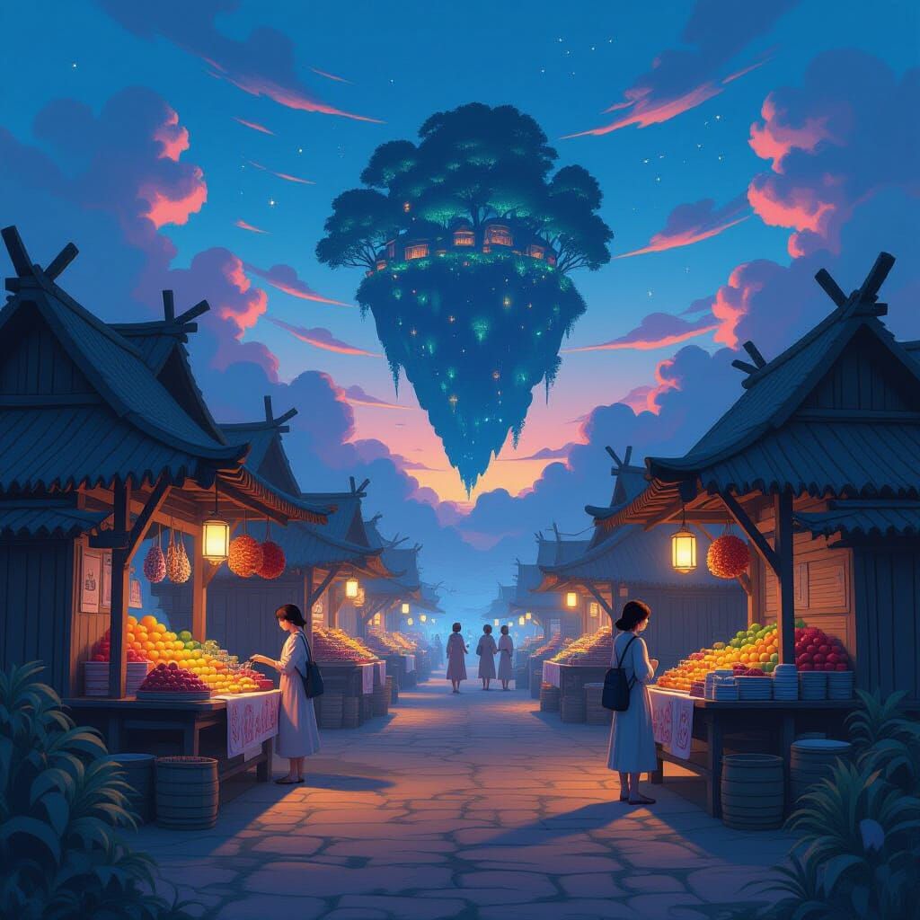 Floating Island Marketplace at Twilight in Ghibli Style