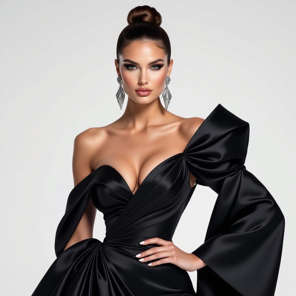 High-Fashion Supermodel in Black Haute Couture