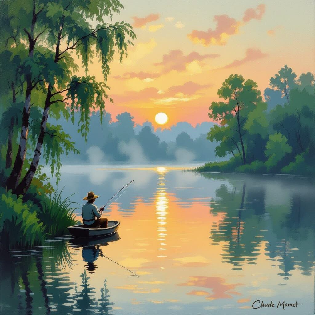 Sunset Fishing at Lake in Impressionistic Style