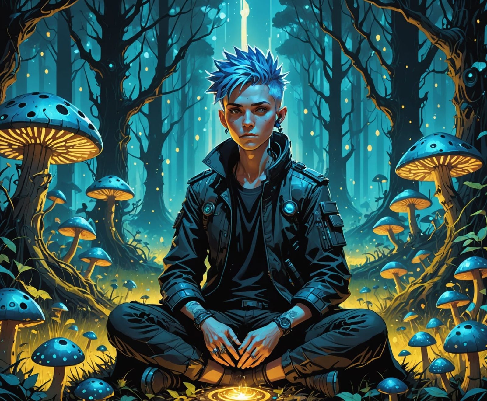 Cyberpunk Oracle in Bioluminescent Forest