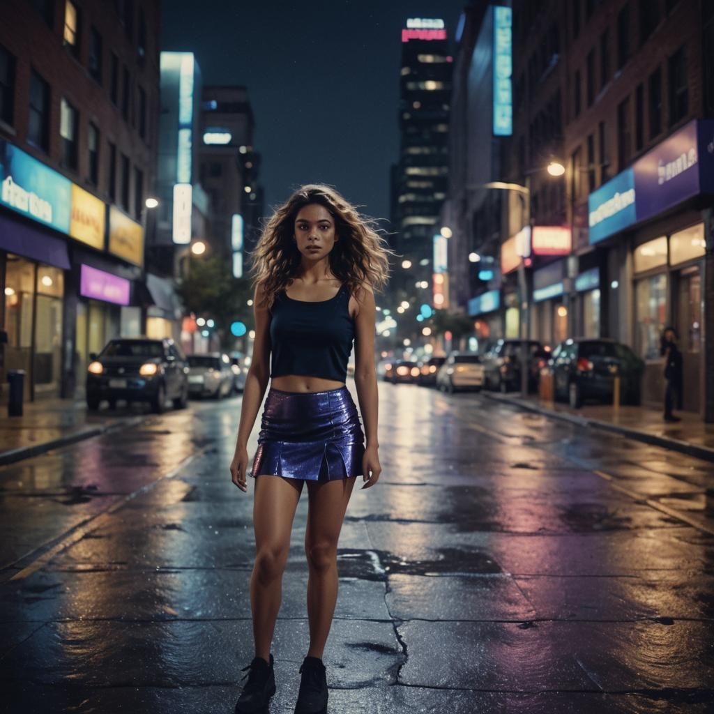 Attractive Woman in Cityscape at Night in Film Aesthetic