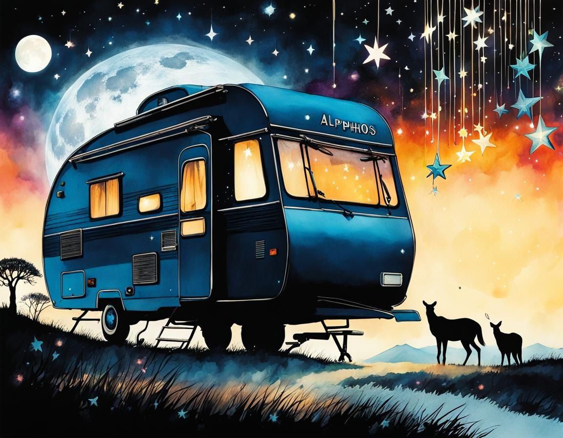 Magical Night: Caravan Under Starry Sky in Ink Art