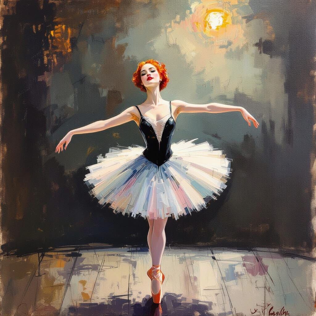 Graceful Red-Haired Ballerina on Stage in Gouache Style
