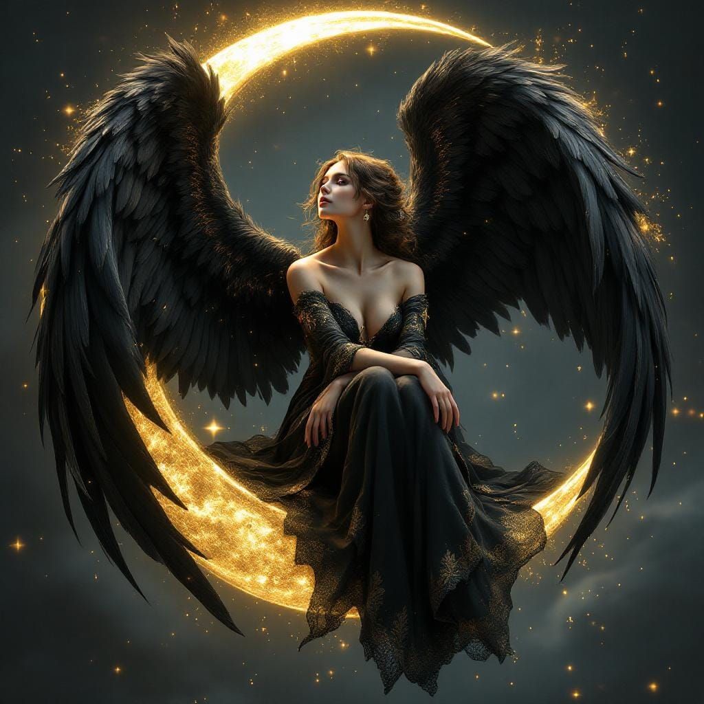 Ethereal Woman with Black Wings on Crescent Moon