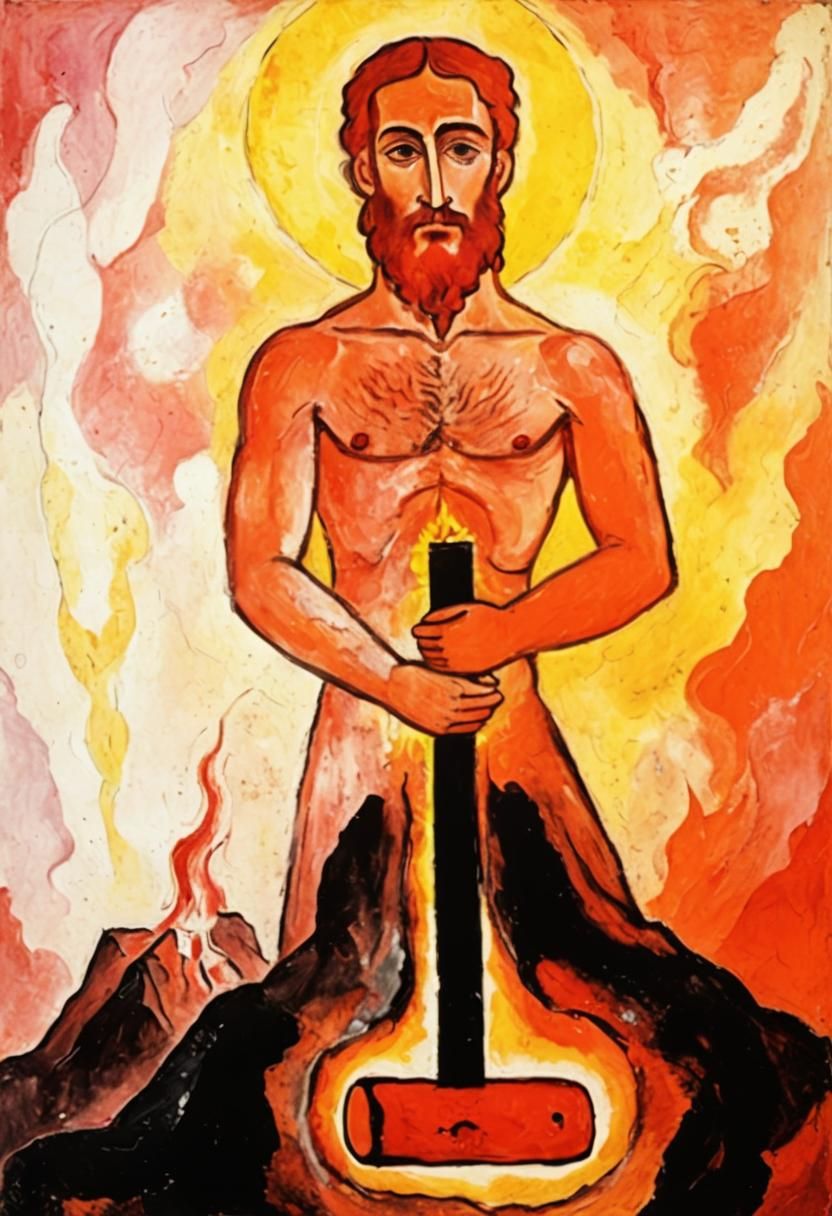 Naked Man Embers in Fiery Volcanic Landscape