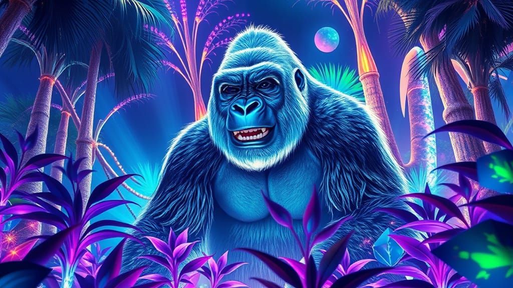 Sapphire Gorilla in Bioluminescent Forest, Hyperrealistic St...