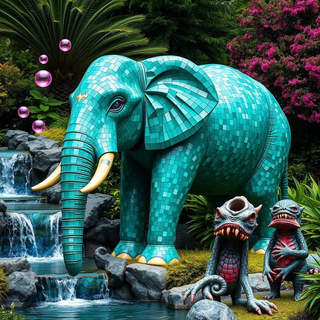 monstrous Mosaic tiles patterns elephant statue made of mosa...