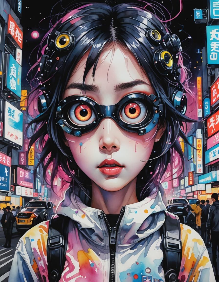 Futuristic Woman with Googly Eyes in Neo-Tokyo Watercolor