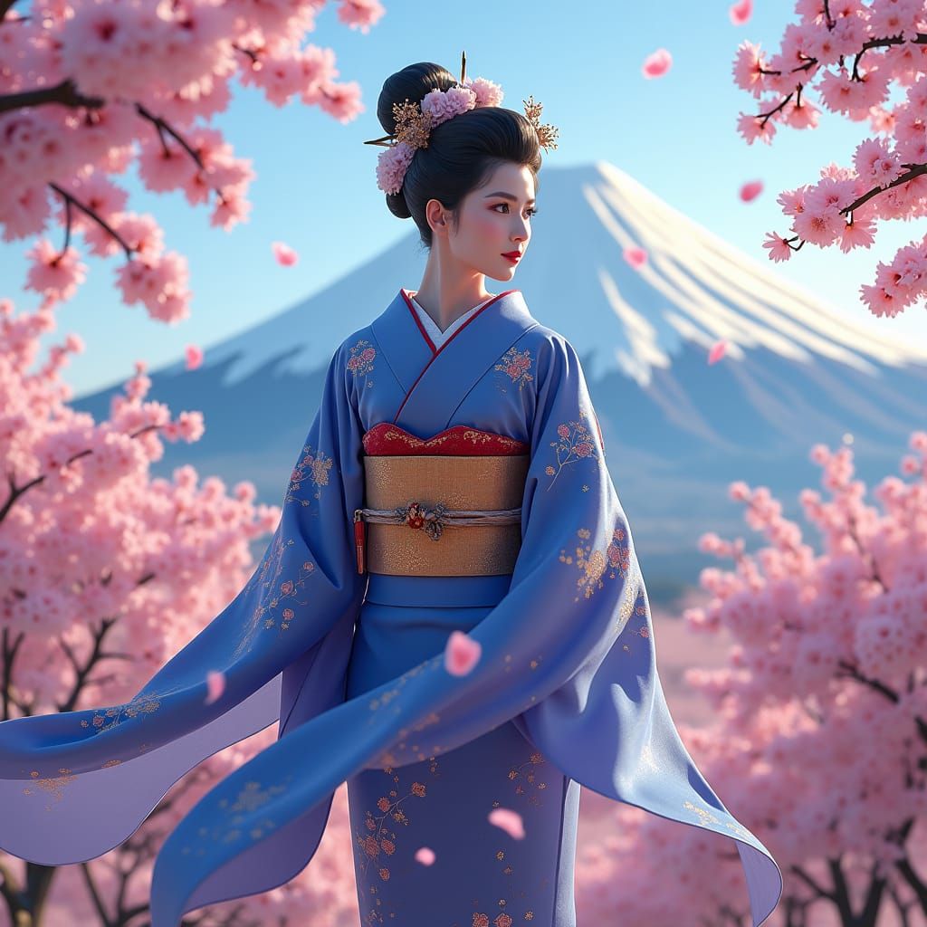 Geisha in Cherry Blossoms, Ukiyo-e Style Mount Fuji