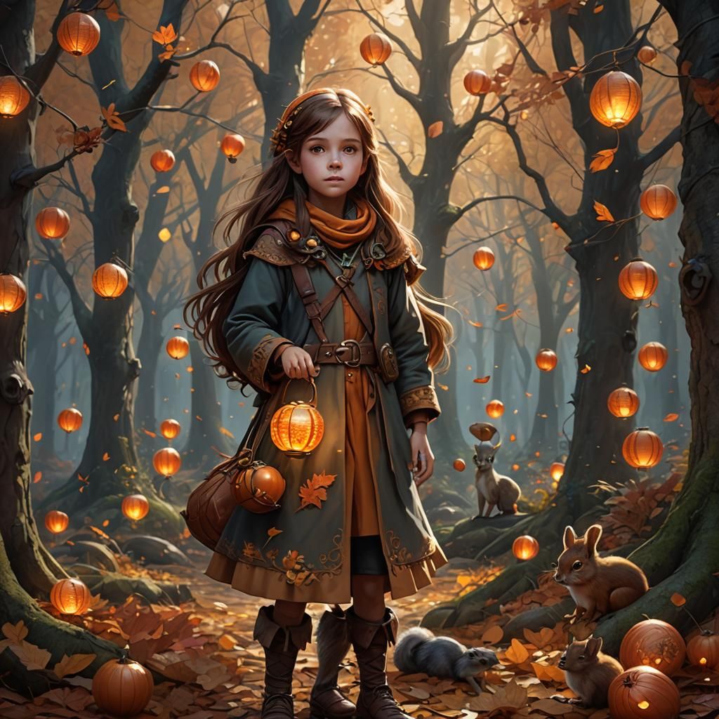 Children in Autumn Forest with Lanterns, Detailed Digital Pa...