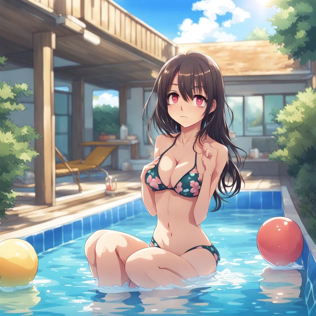 Anime Bikini Girl in Summer Pool, Manga Style