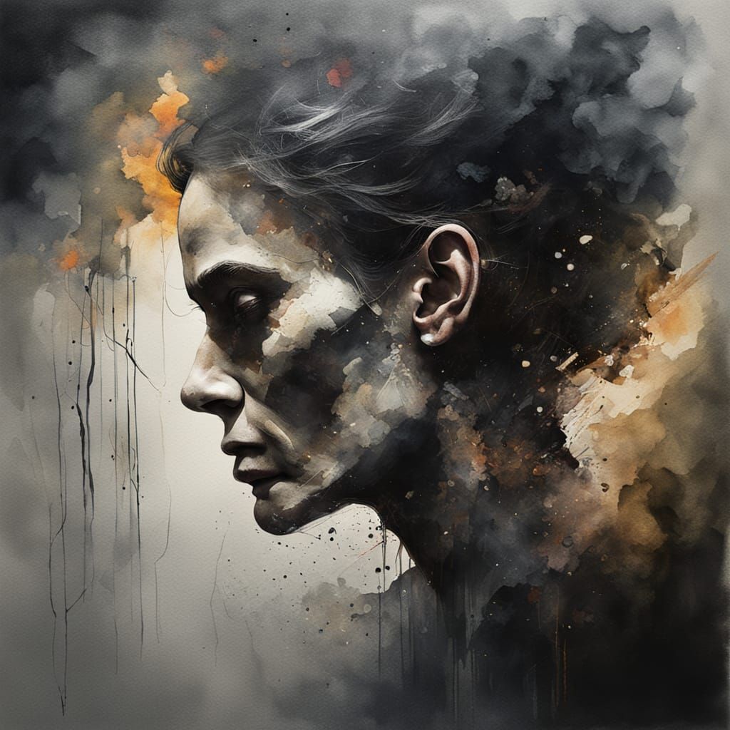 Watercolor Woman with Abstract Thoughts, Dark Fantasy Style