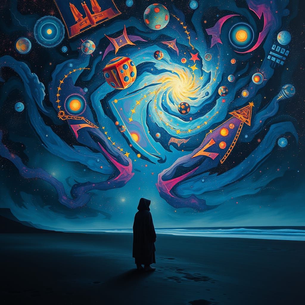 Kaleidoscopic Sky Over Black Sand Beach, Surreal Scene