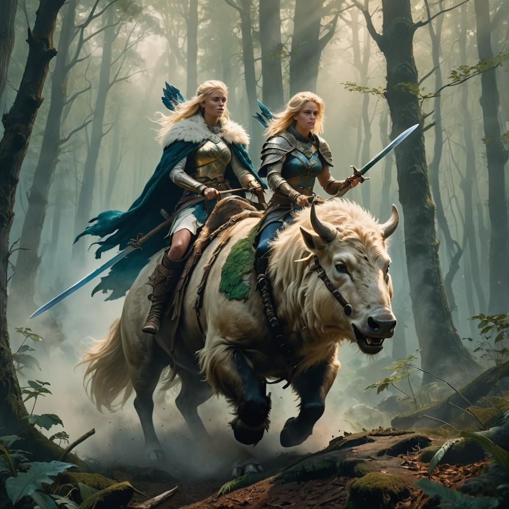 Blonde Warrior Woman Rides Boar in Misty Forest