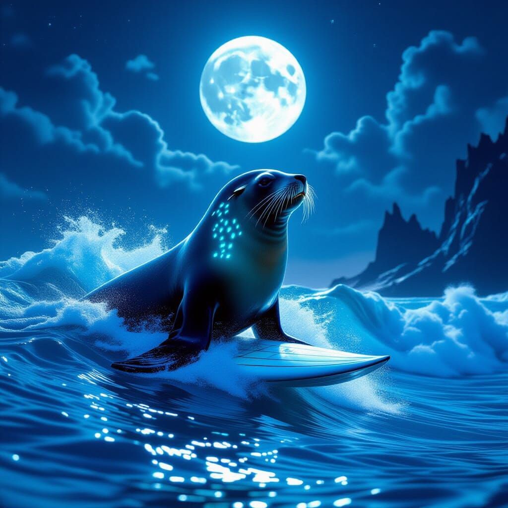 Bioluminescent Sea Lion Rides Giant Wave Under Full Moon