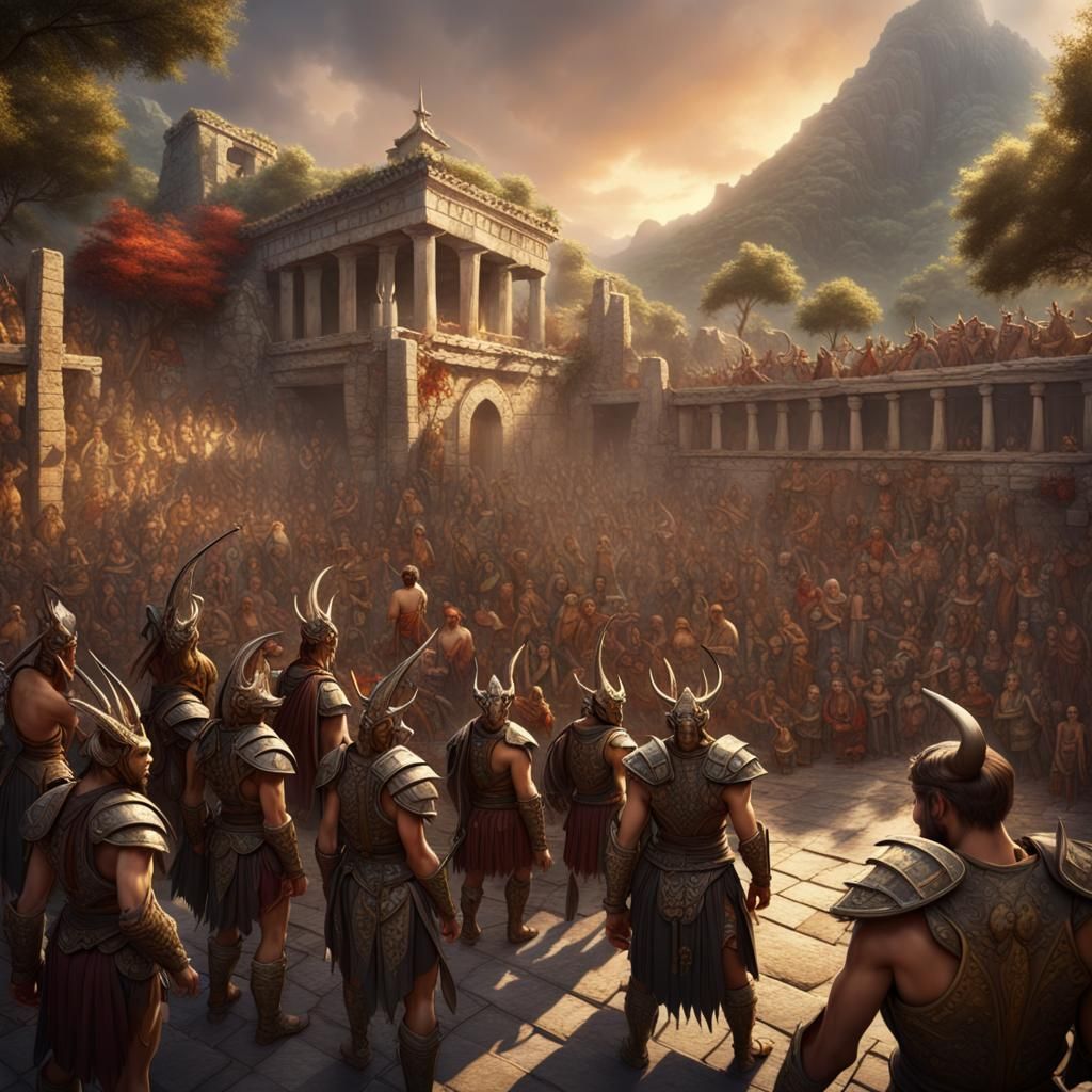 Crowded Agora with Fantasy Races in Varied Armor