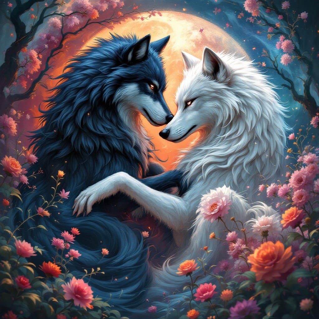 two wolfs, yin and yang the intertwined destiny 8k resolutio...