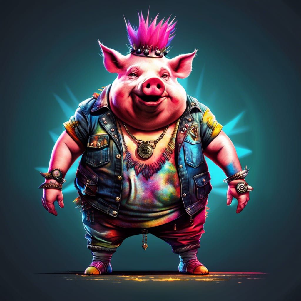 Punk Pig with Colorful Mohican in Street Art Style
