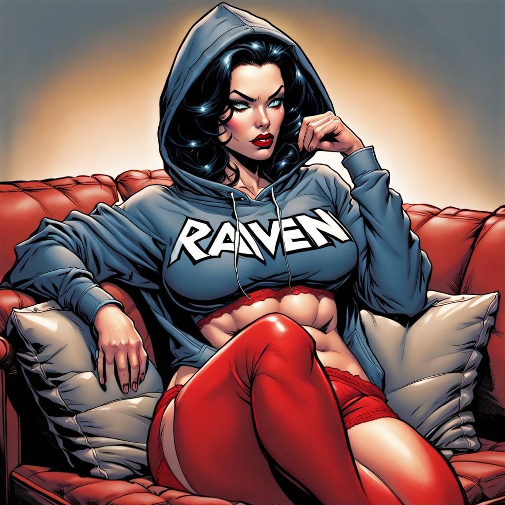 Raven-haired Woman on Couch in Comic Book Art Style