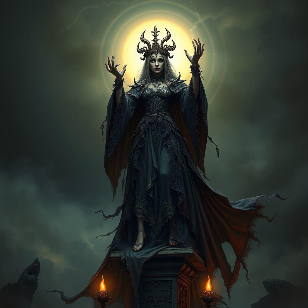 Gothic Lichess Queen in Dark, Stormy Atmosphere