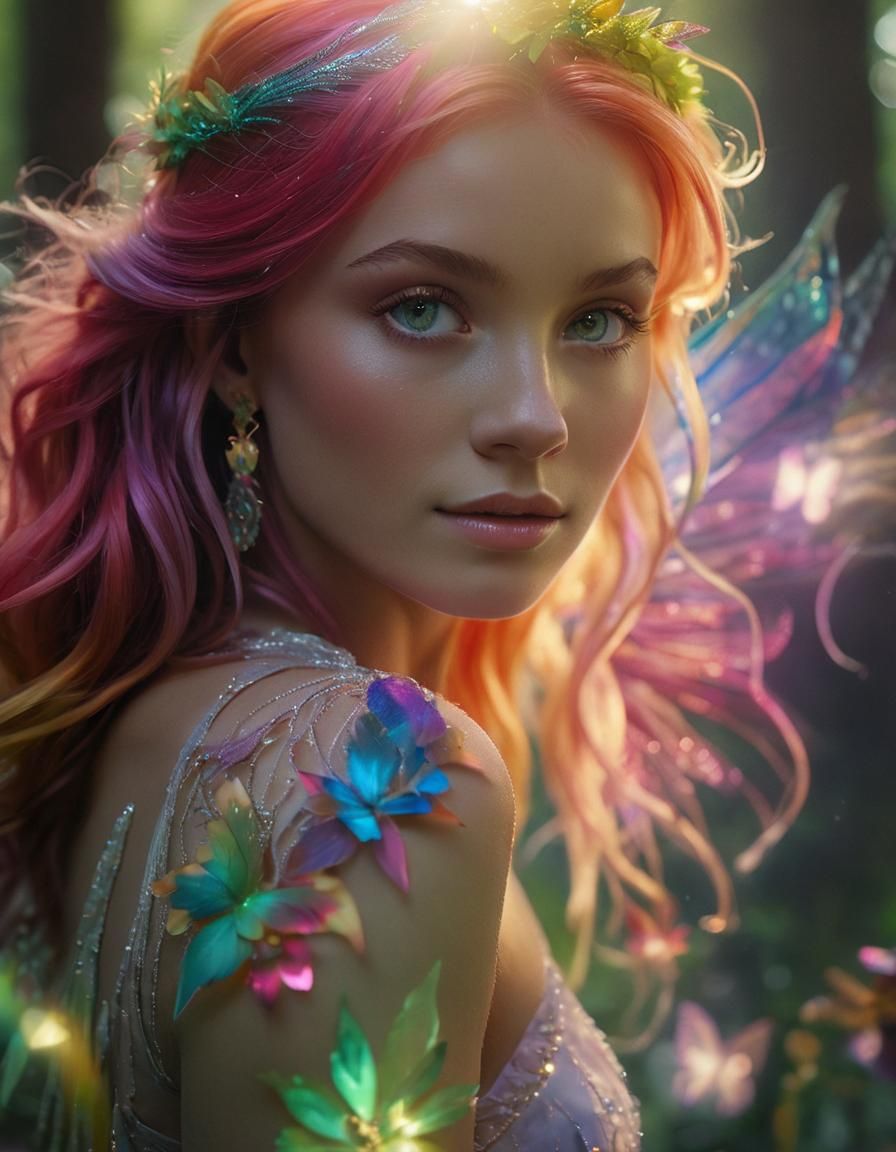 Rainbow Fairy in Lush Forest, Cinematic Film Still