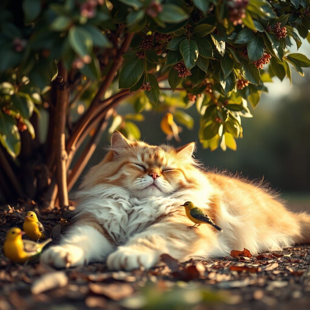 Fluffy Cat Napping Serene Under Bush