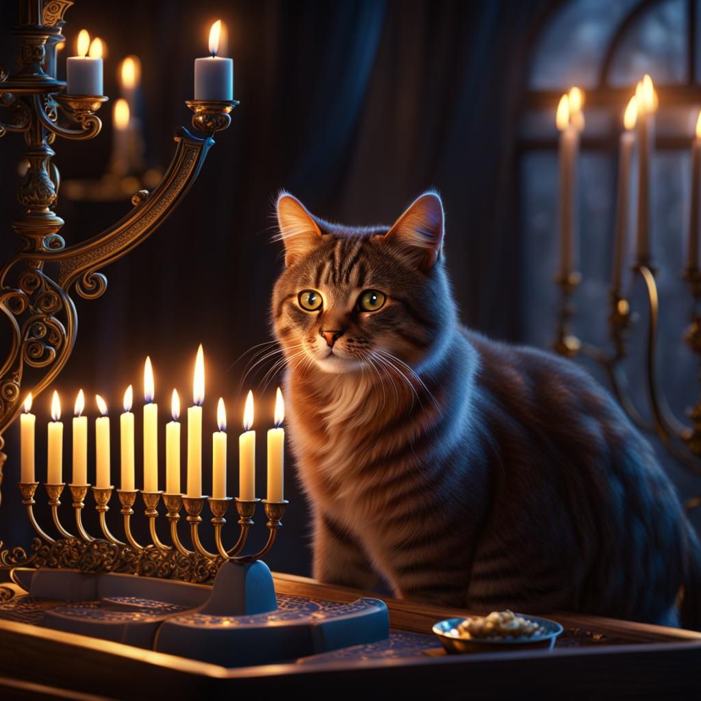 Hanukkah Cat Lighting Menorah: Detailed Matte Painting