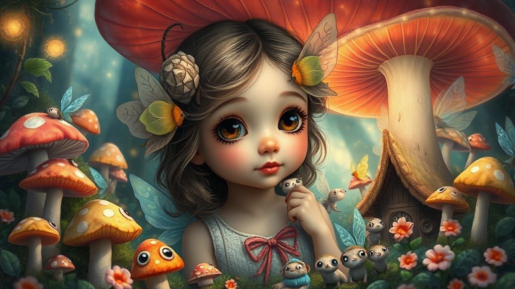 Girl in Whimsical Mushroom Village with Tiny Fairies and For...