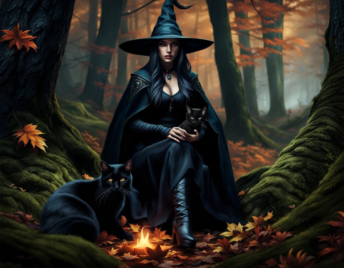 Witch in Dark Forest with Black Cat, Hyperrealism