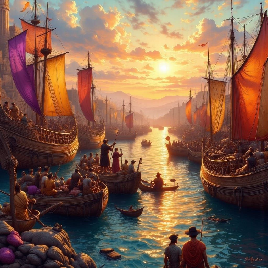 Bustling Phoenician Harbor Scene at Sunrise