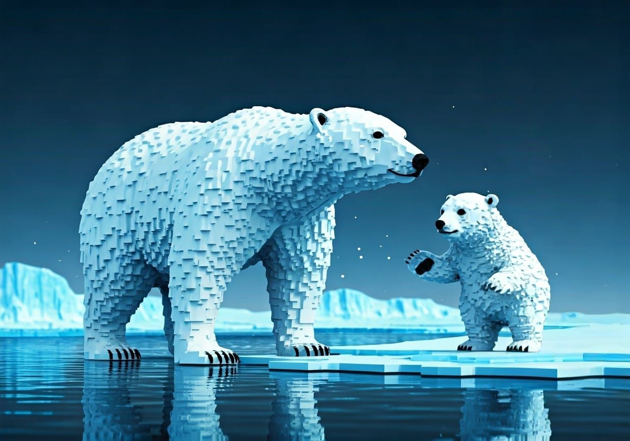 Polar Bear and Cub in Futuristic, Low-Poly Landscape
