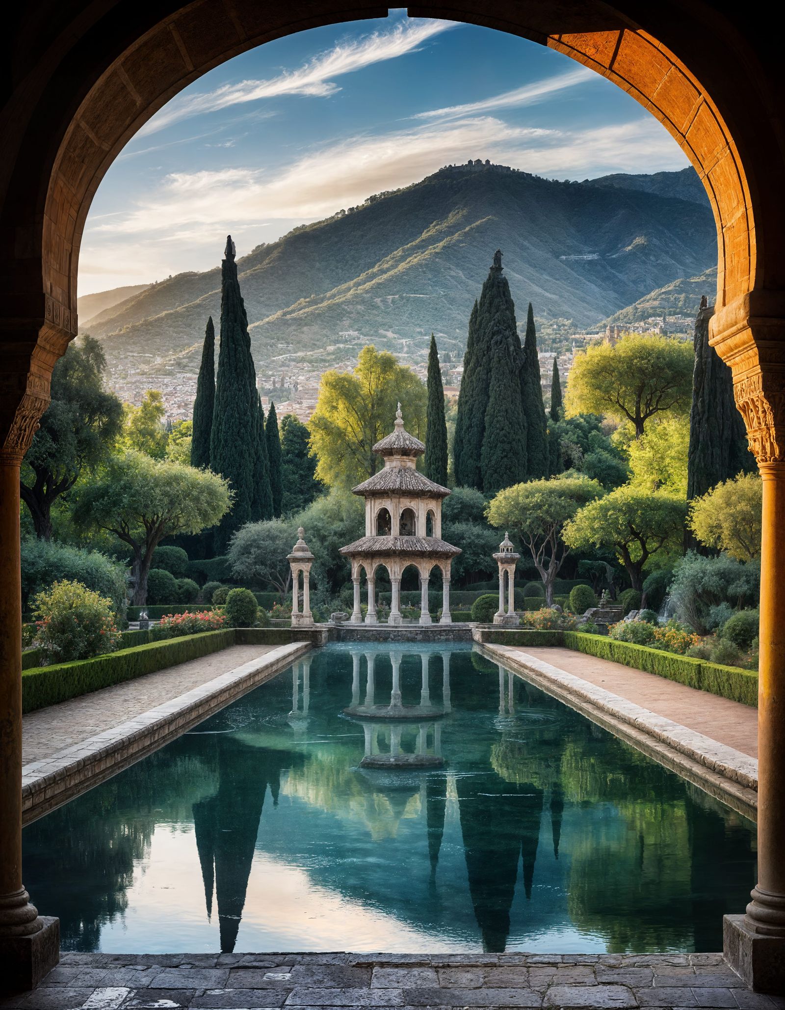Surreal Generalife Gardens at Dusk in Vibrant Colors