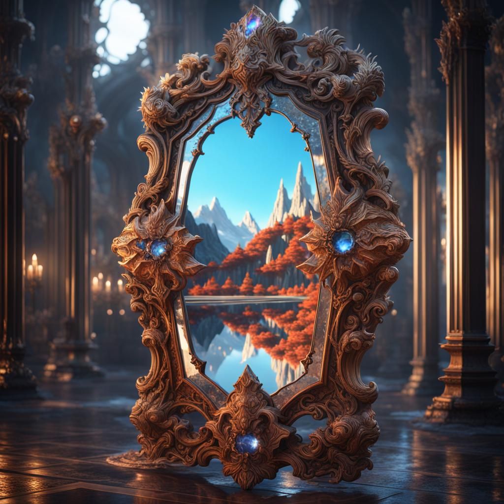 Crystal Mirror Reflecting a Fantasy World