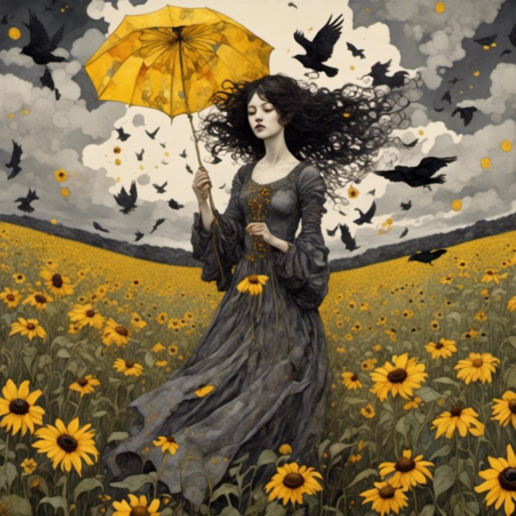 Woman in Black-Eyed Susans Field, Klimt-Picasso Style