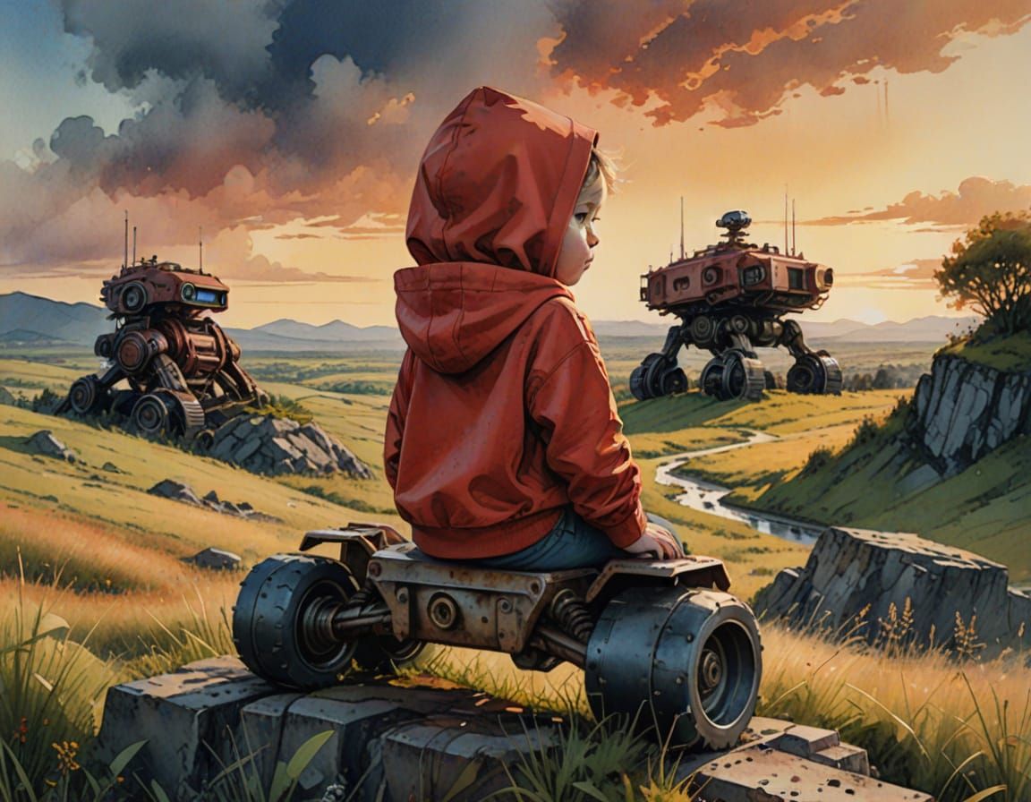 Adorable Baby Girl Explores with Rusty Robot Friend in Golde...