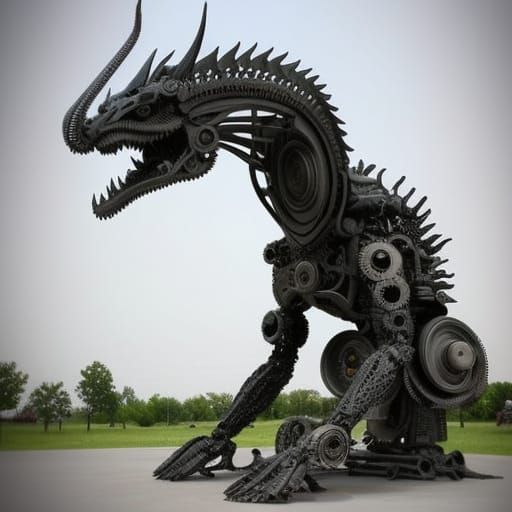 dragon sculpture made of old bikes and car parts ,masterpiece,intricate, award winning, beautifully created