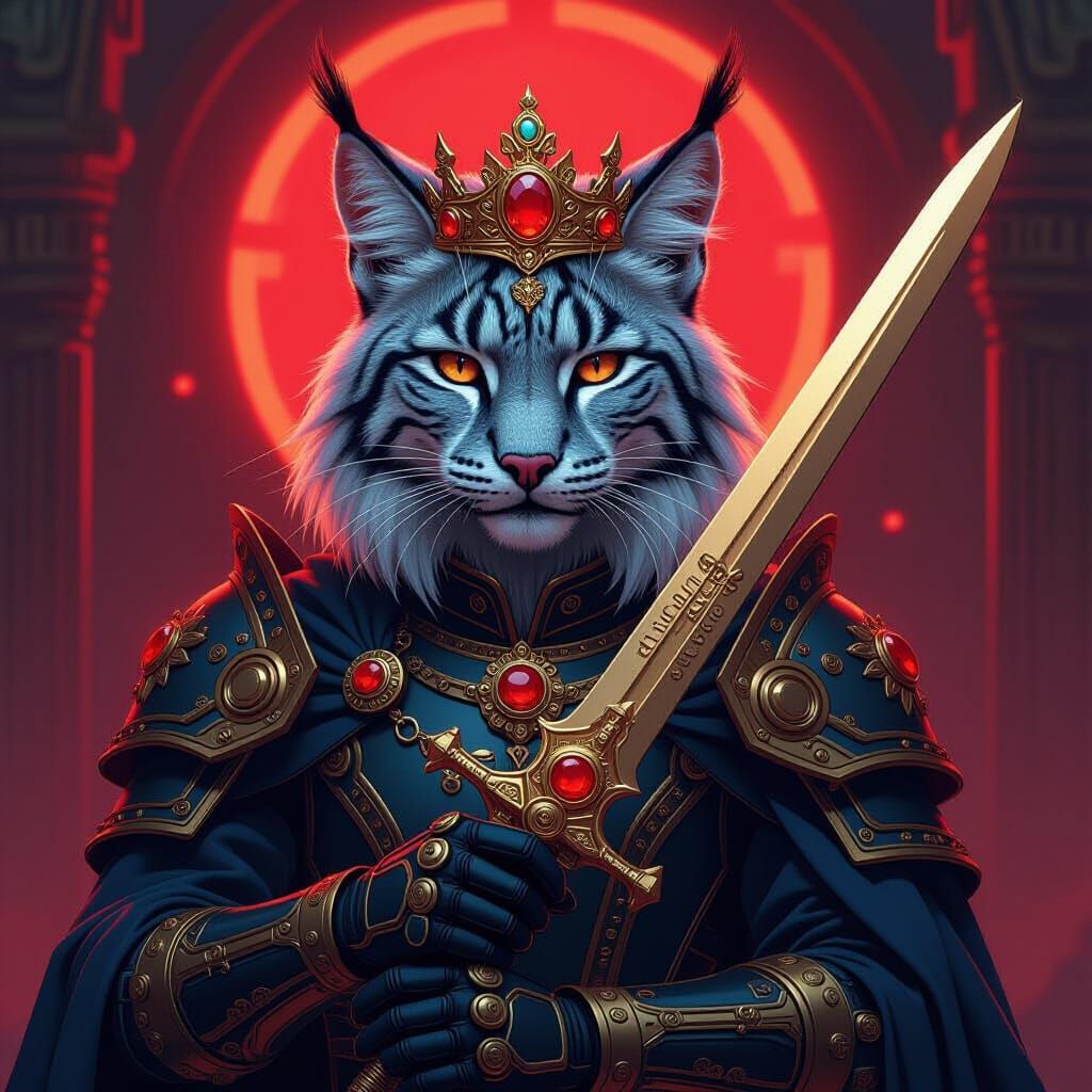 Regal Lynx Creature with Cybernetic Armor and Dagger