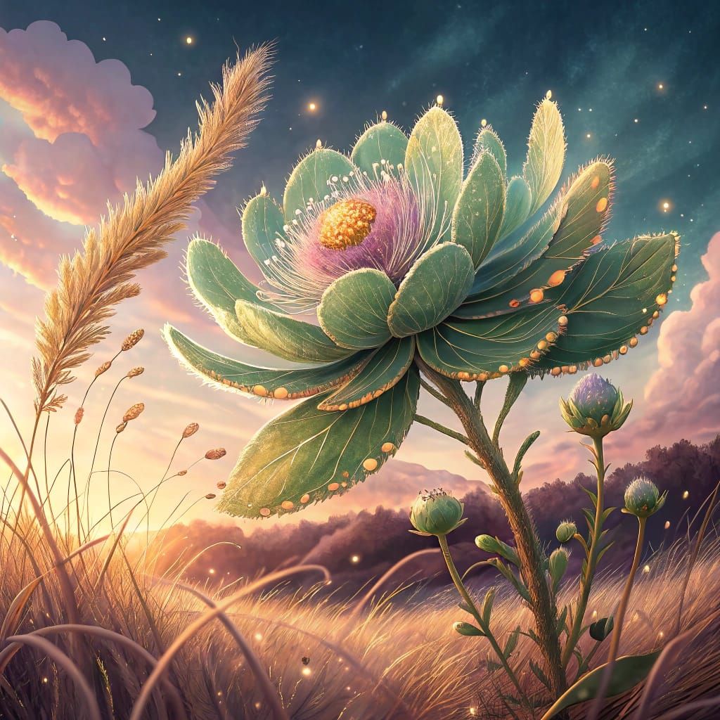 Whimsical Emerald Green Plant with Purple Center and Golden ...