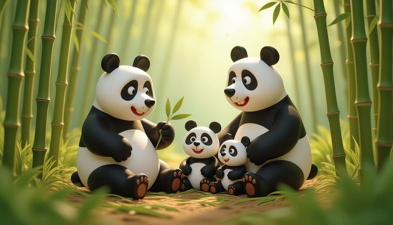 Panda Family in Bamboo Forest: Aardman Claymation Style