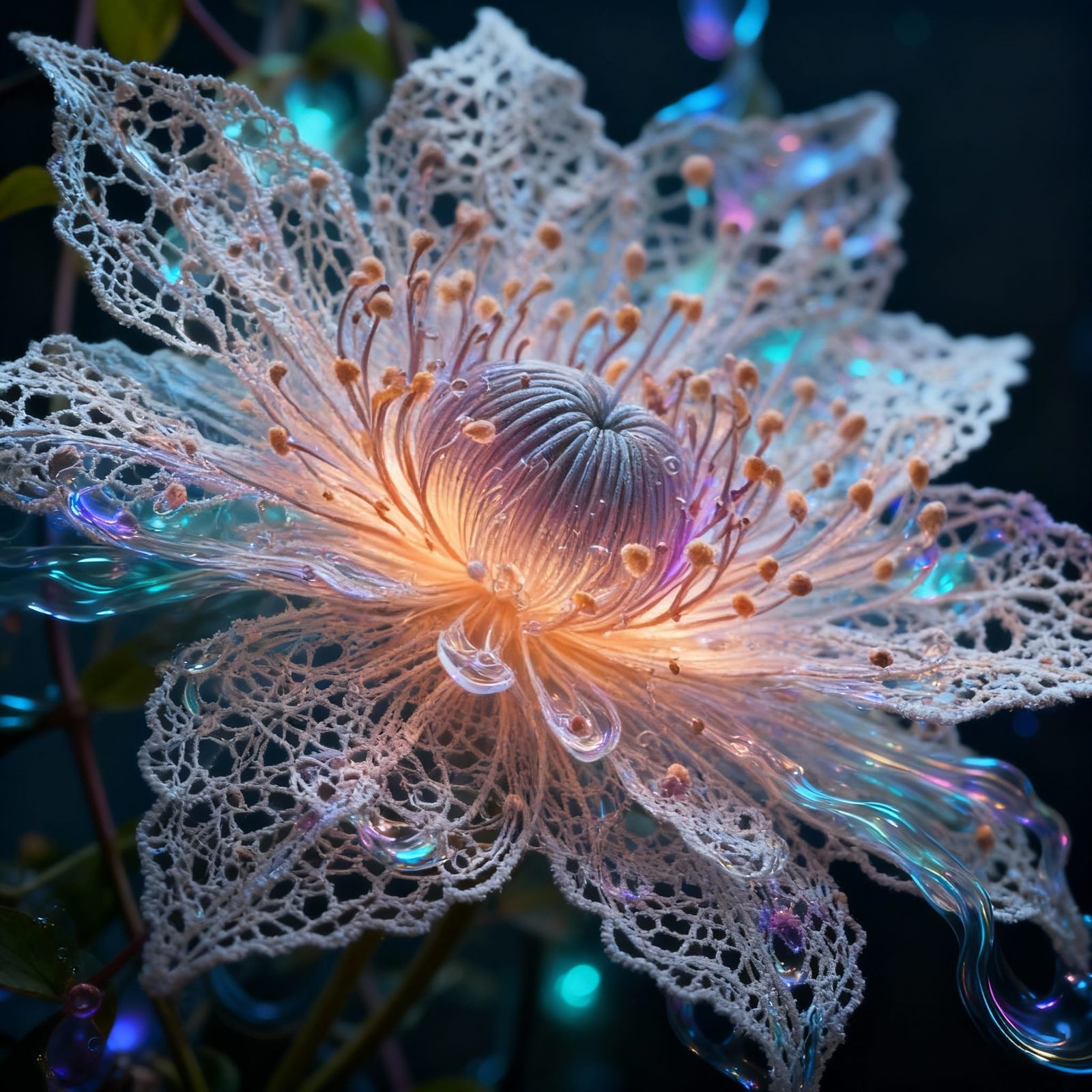 Bioluminescent Clematis Flower in Intricate Lace Pattern