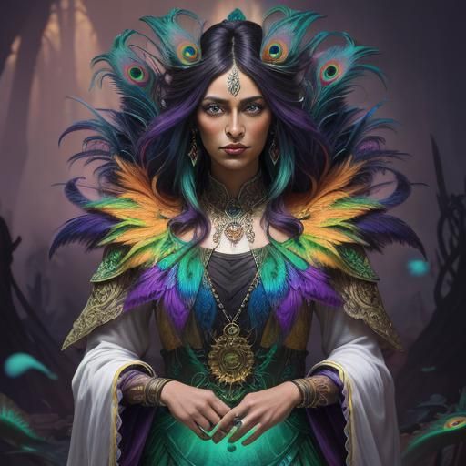 Rainbow Woman with Peacock Feathers in Dark Fantasy Art