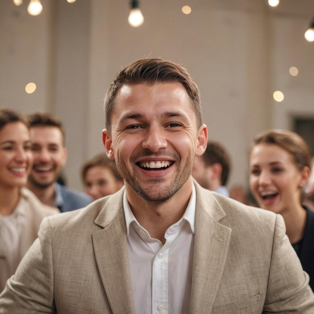 Joyful Slavic Man in Festive Portrait, Photorealistic