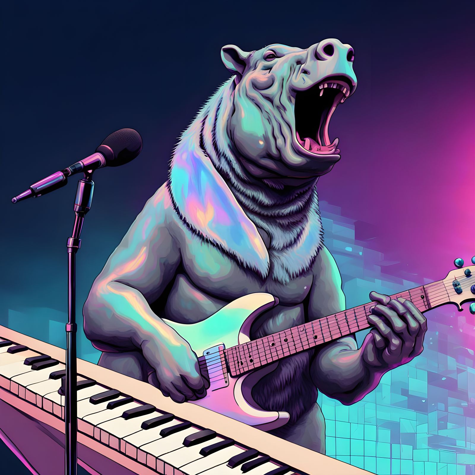 Vaporwave Glitch Guitar Hippo Bobcat Wolf Microphone Hologra...