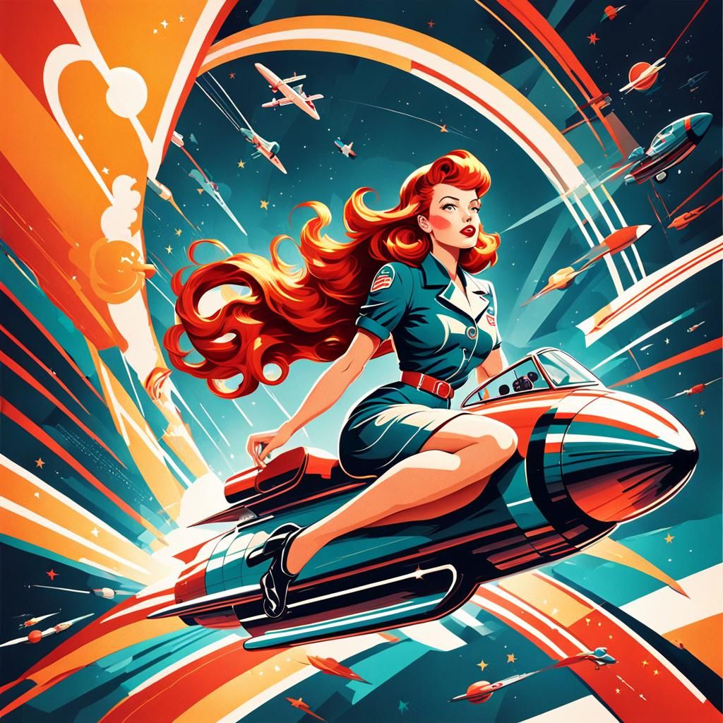 1940s pinup style of redhead model riding a contemporary rocket.