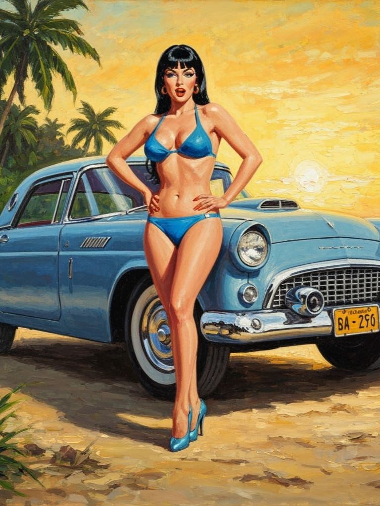 Pin-Up Woman on Beach in Retro Style