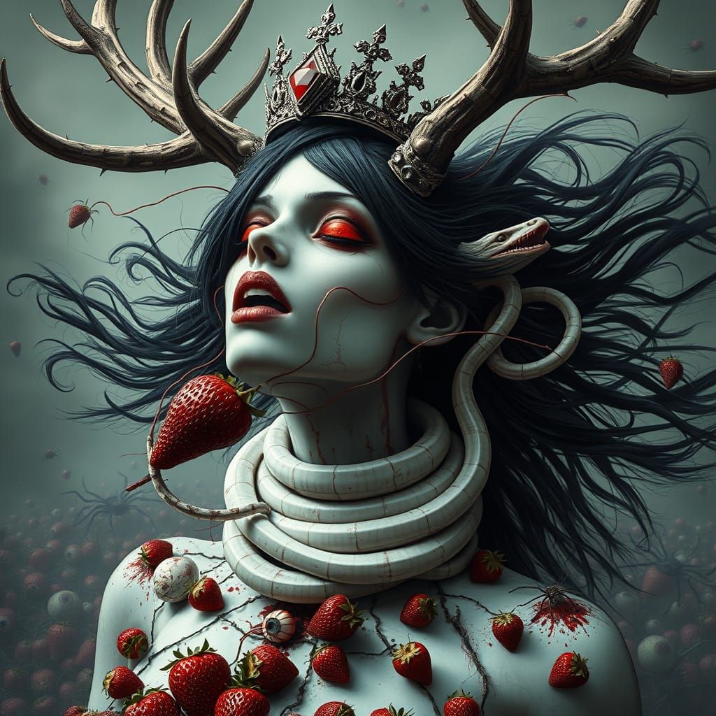 Gothic Queen with Deer Horns and Snakes