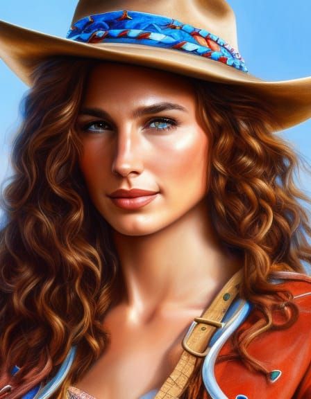 Cowgirl Portrait with Curly Hair, Detailed Digital Painting