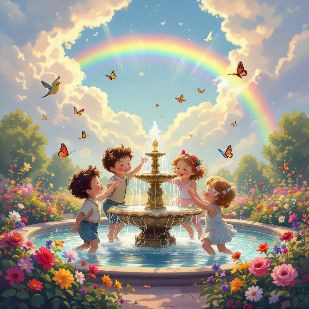 Children Play in Enchanting Fountain Scene with Rainbow